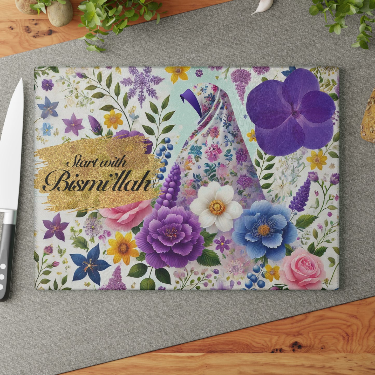 Floral "Start with Bismillah" Glass Cutting Board