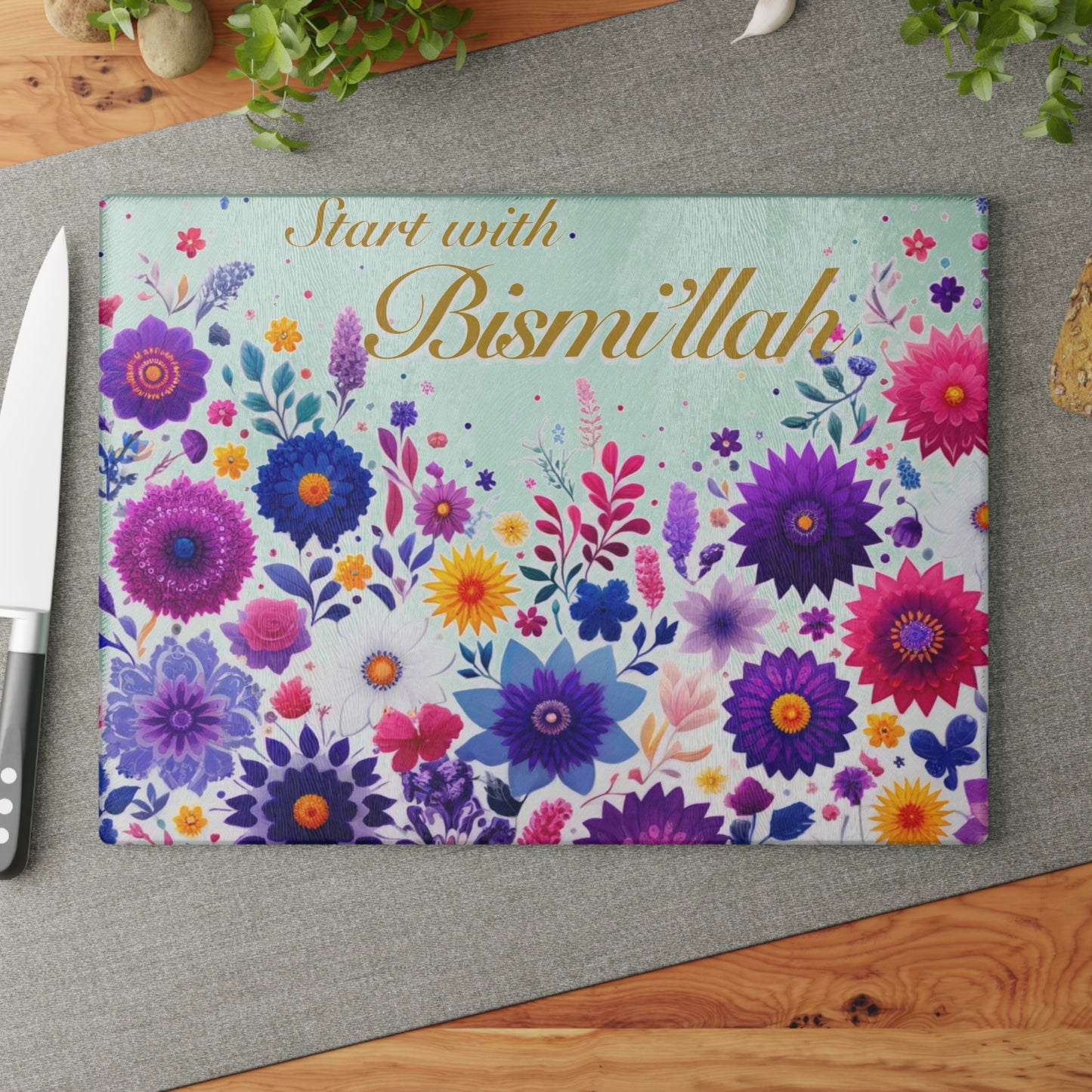 "Start with Bismillah" Floral Glass Cutting Board