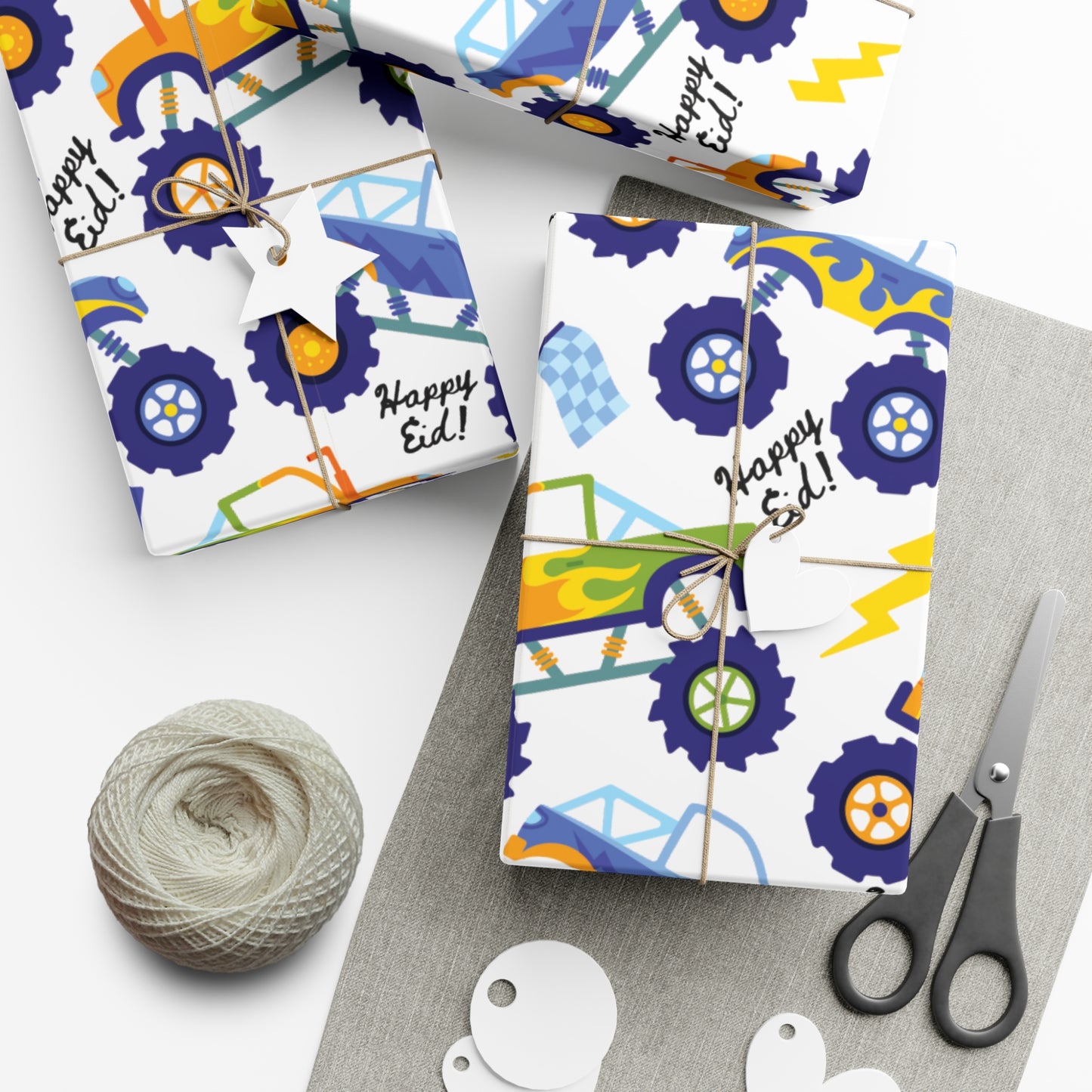 Eid Celebration Wrapping Paper – Monster Trucks Edition