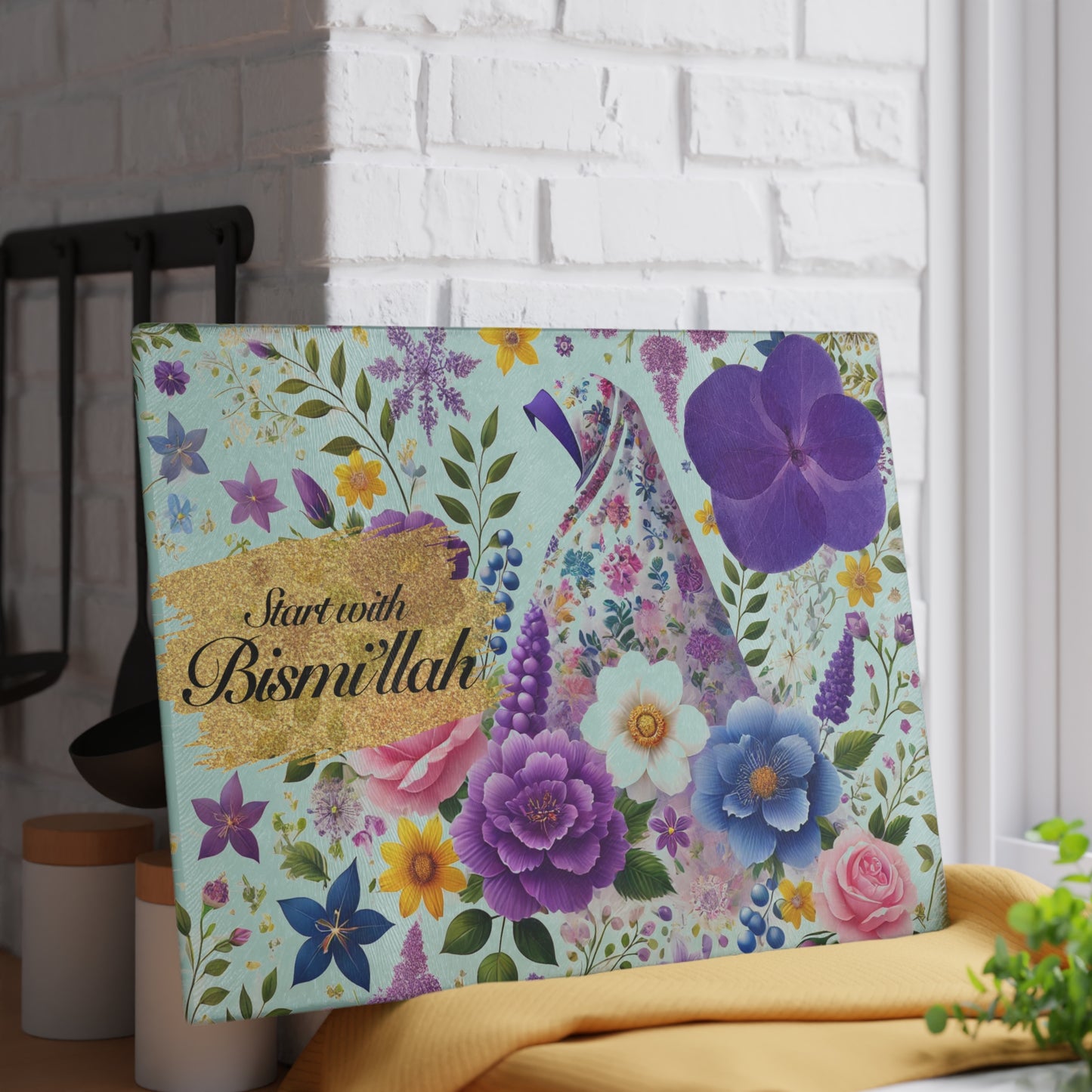 Floral "Start with Bismillah" Glass Cutting Board
