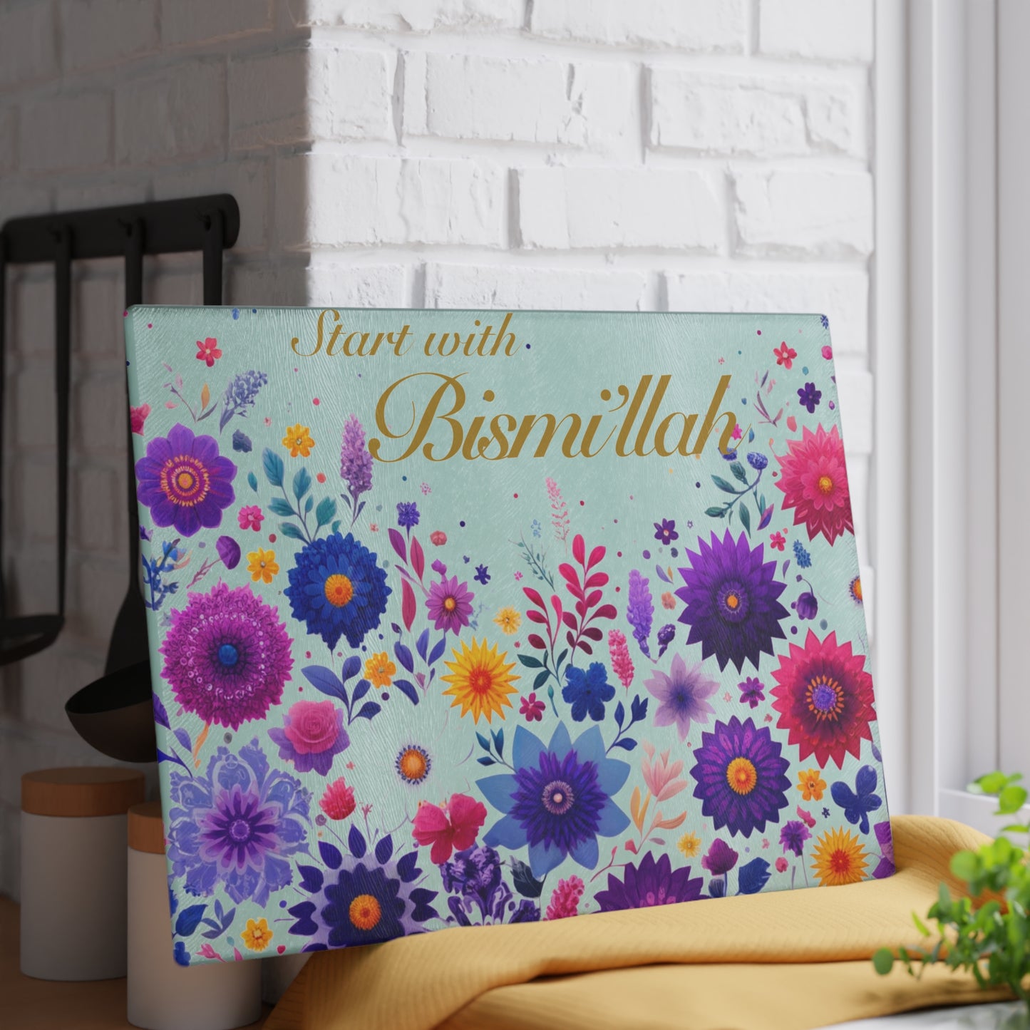 "Start with Bismillah" Floral Glass Cutting Board