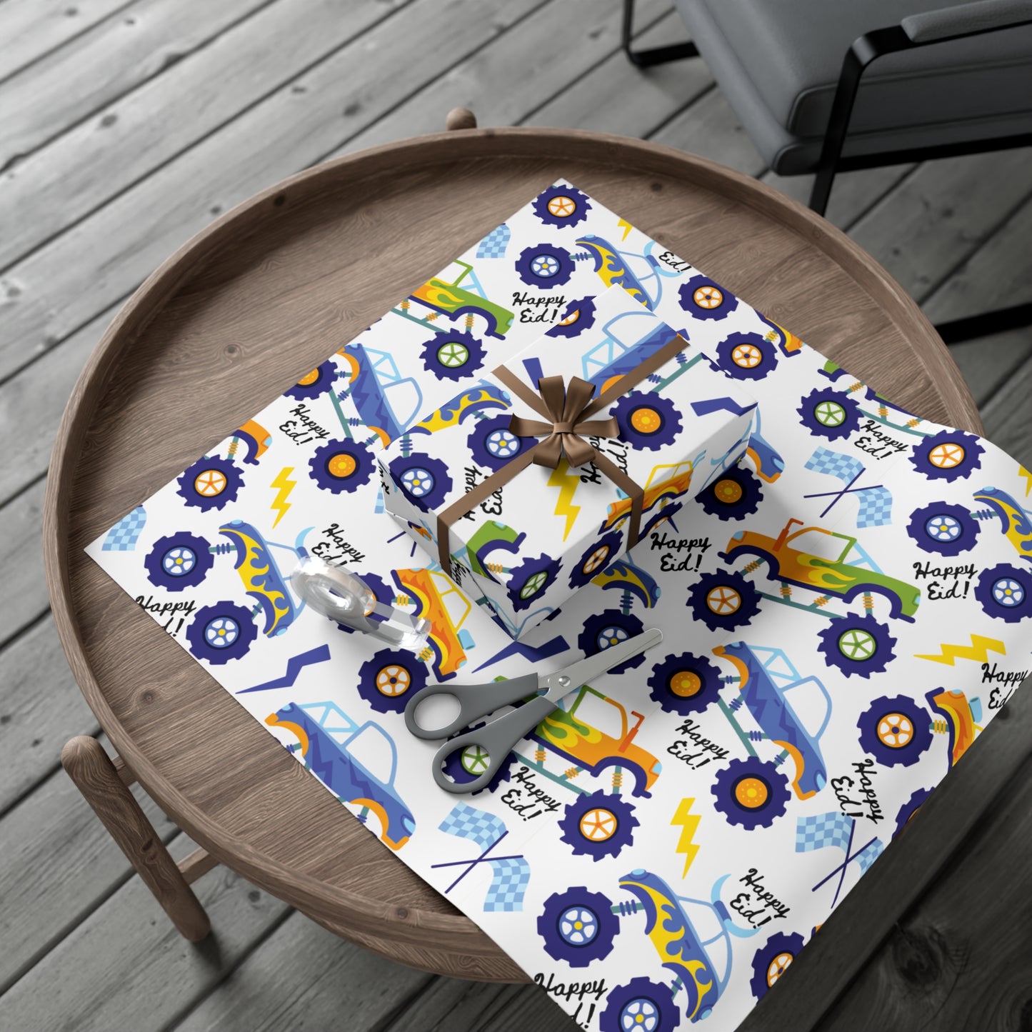 Eid Celebration Wrapping Paper – Monster Trucks Edition
