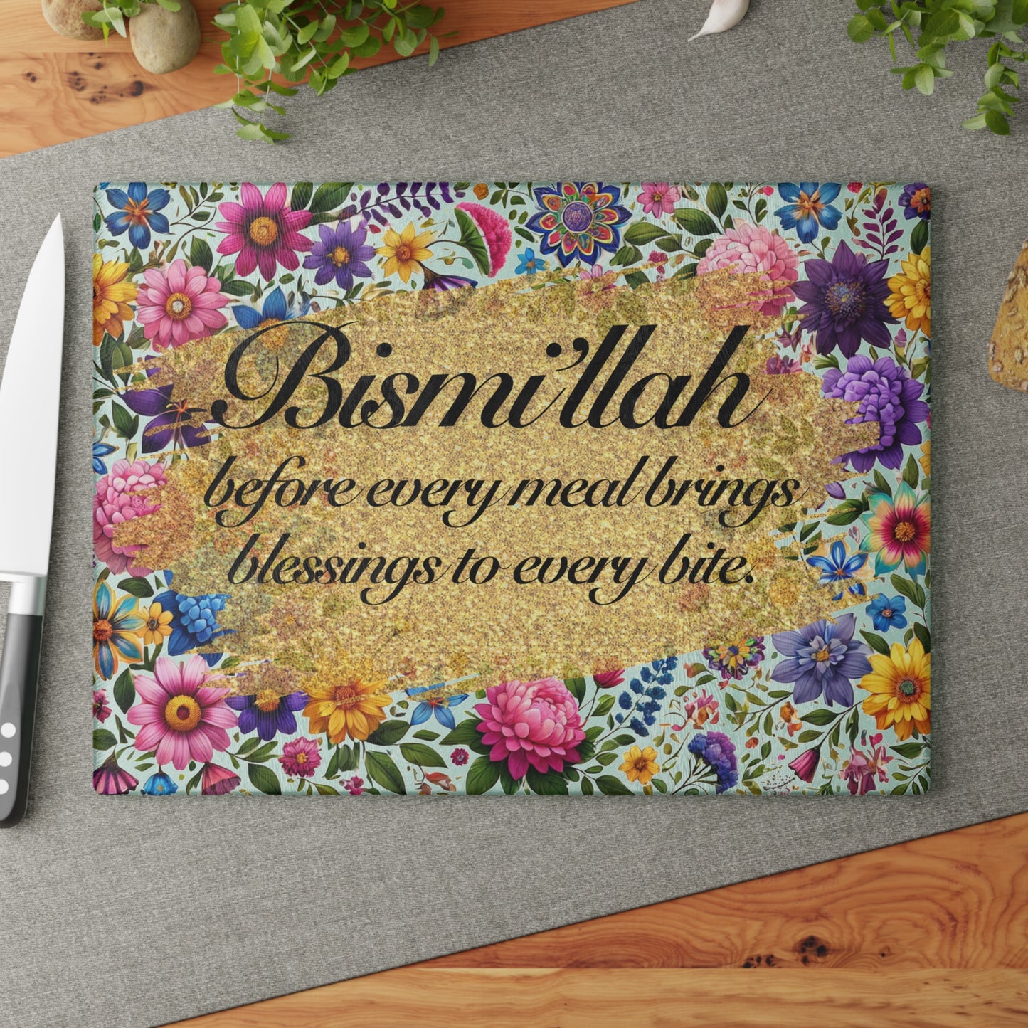 "Bismillah Blessings" Floral Glass Cutting Board