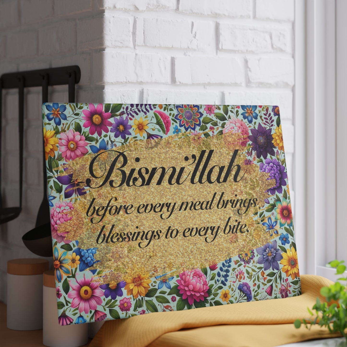 "Bismillah Blessings" Floral Glass Cutting Board