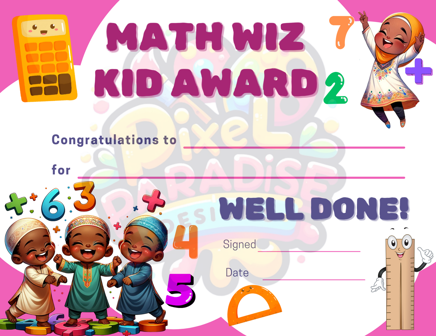 Colorful Math Wiz Kid Award Certificate-Digital Download