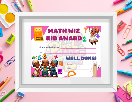 Colorful Math Wiz Kid Award Certificate-Digital Download